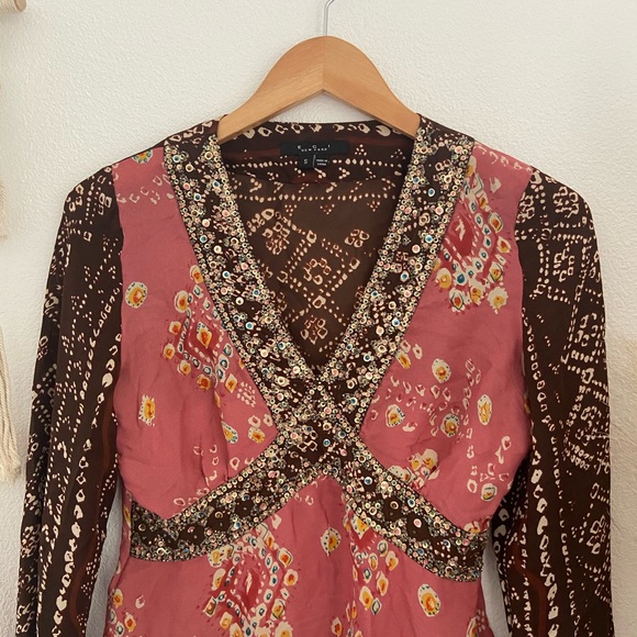 batik boho chiffon silk beaded top bohemian v neck blouse - Picture 5 of 16
